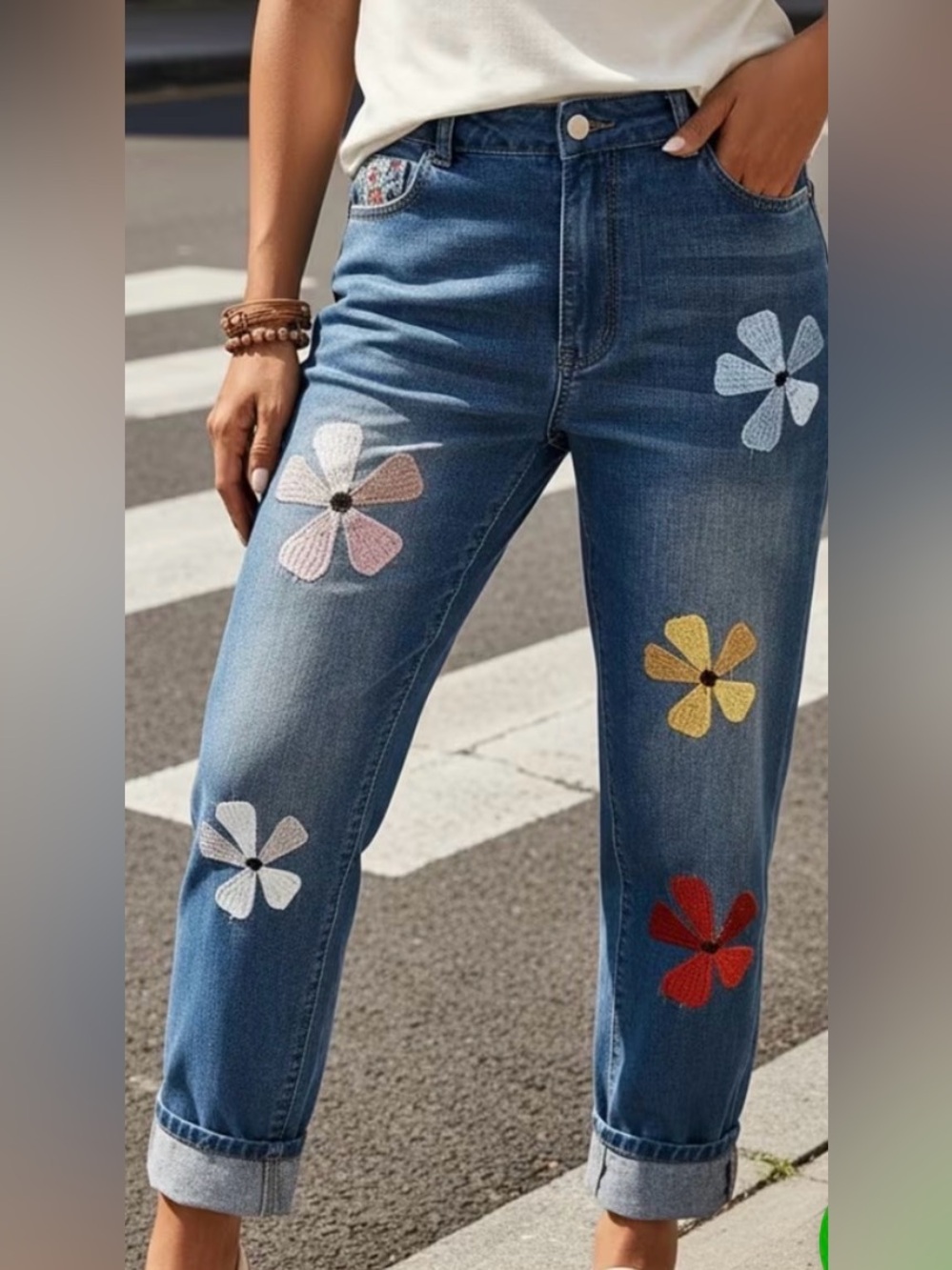 Embroidered Floral Relaxed Women's High Waisted Jeans - Blue - Picture 4 of 6